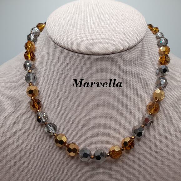 Vintage Marvella Crystal Necklace, Topaz Silver Beads 8mm, 16 1/2 Inches, 1950s - Picture 1 of 12